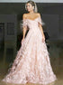 A Line Off the Shoulder Pink Lace Prom Dress with Feather LBQ0230